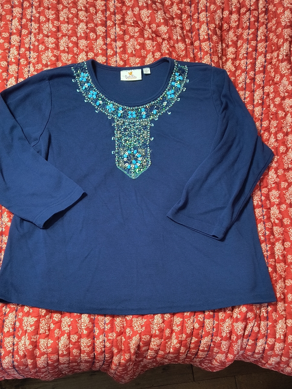 Quacker Factory Navy Tunic with Blue & Aqua Beading